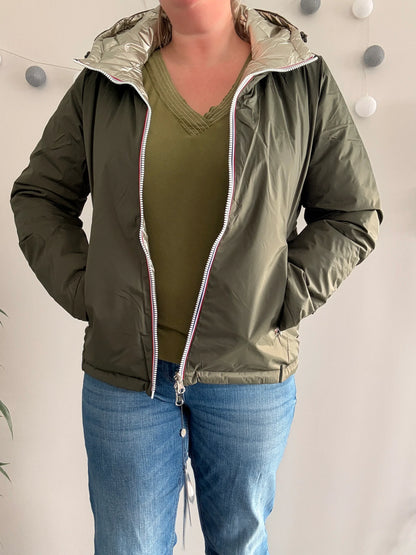 Laura Jo - Manteau doudoune courte matelassé réversible imperméable kaki doré avec capuche
