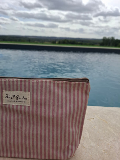 Pochette trousse en tissu imperméabilisé rose et blanc