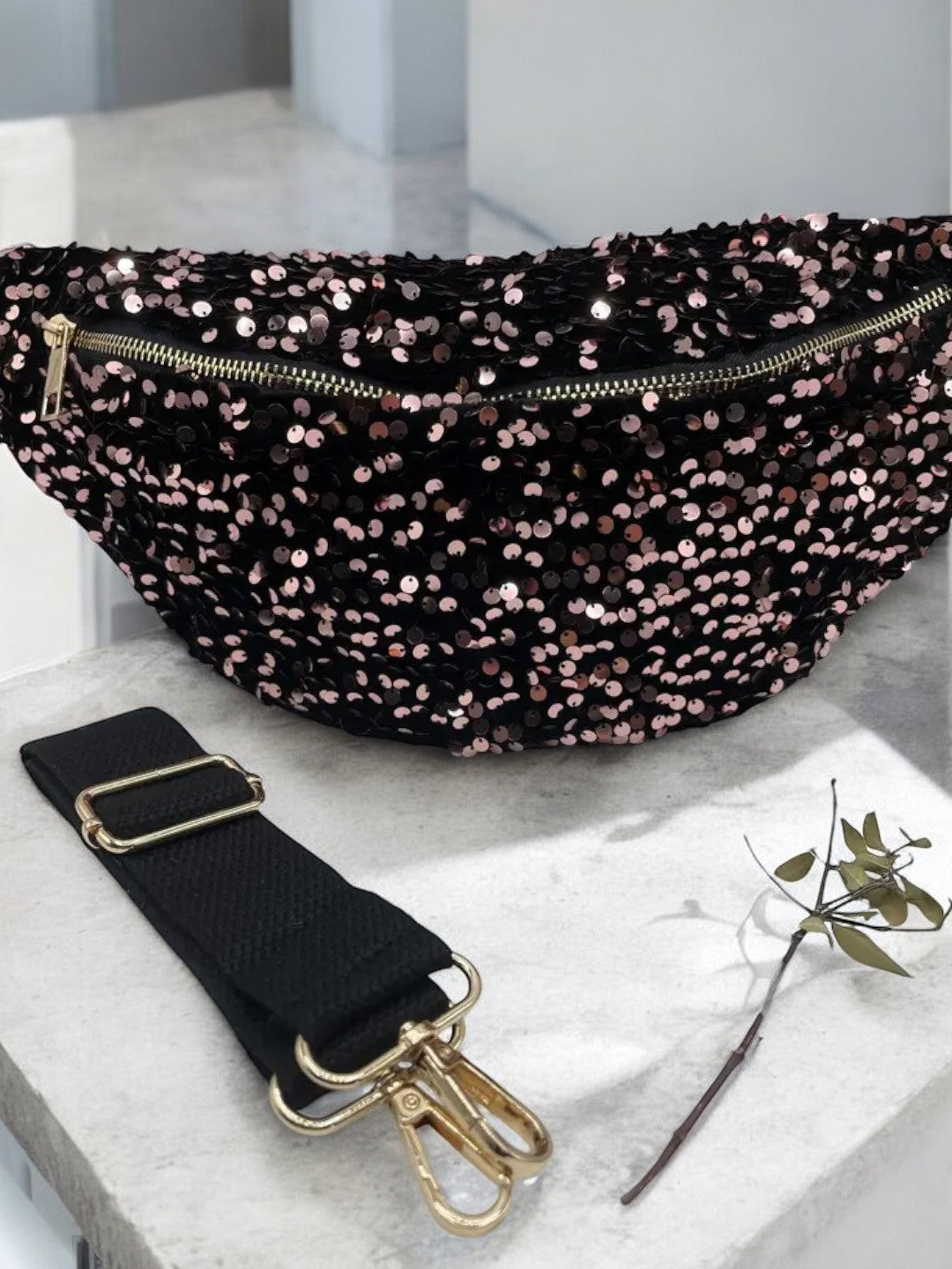 Sac Banane Effet Glam Femme Sequins Doré & Rosé – Bandoulière Réglable