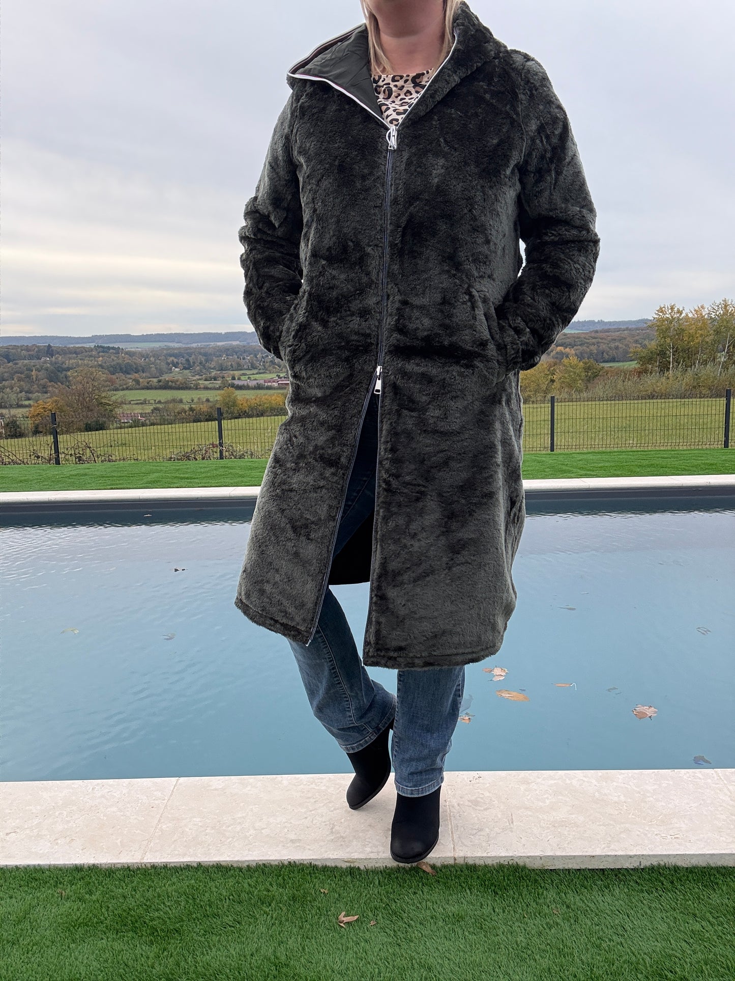 New Lolo - Manteau chaud long hauteur genoux kaki fourré complet réversible imperméable