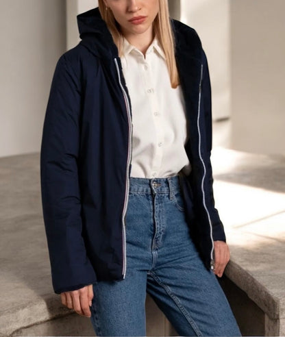 Laura Jo - Manteau imperméable court bleu marine fourré et réversible