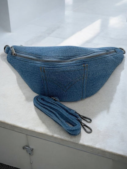 Sac banane tissu jean avec poche avant et arriere