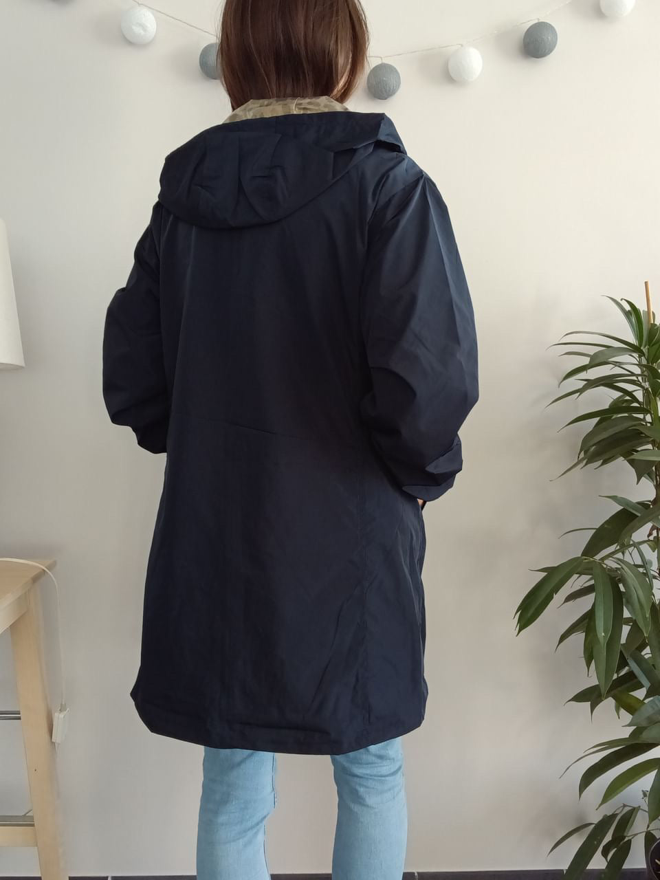 Melya Melody - Manteau long mi cuisses réversible et imperméable léger bleu marine doré léopard