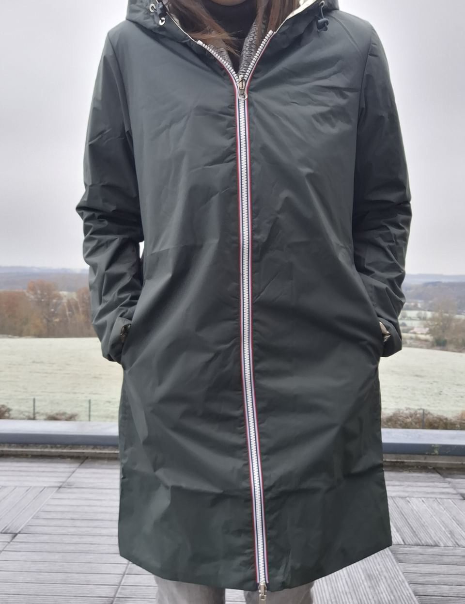 Laura Jo - Imperméable réversible long mi-saison garnissage ouate Vert forêt / Doré