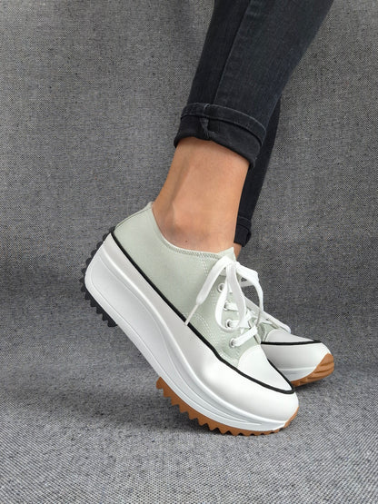Chaussures baskets basses plate-forme tissu toile vert d'eau