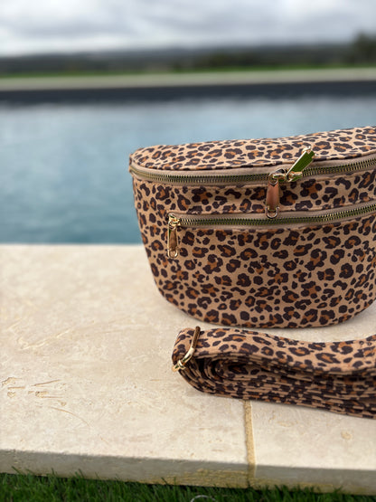 Sac banane tissu doux léopard beige clair 2 poches