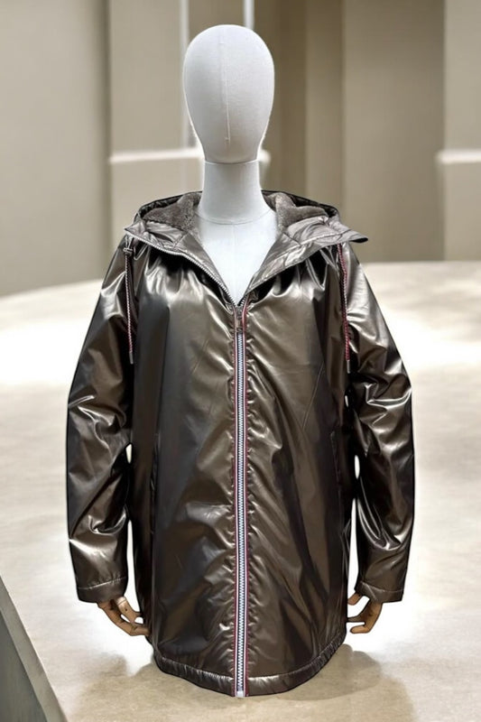 Manteau imperméable mi long fourré en fausse fourrure gold bronze - Curvy