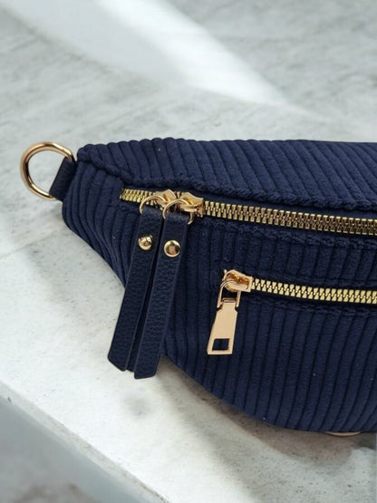 Sac banane velours côtelé 2 poches bleu marine sangle fantaisie