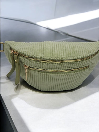 Sac banane velours côtelé 2 poches vert clair vert d'eau sangle fantaisie