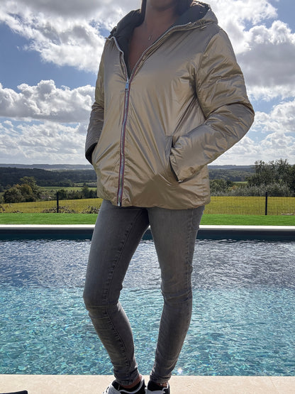 Doudoune manteau imperméable court réversible matelassé kaki doré