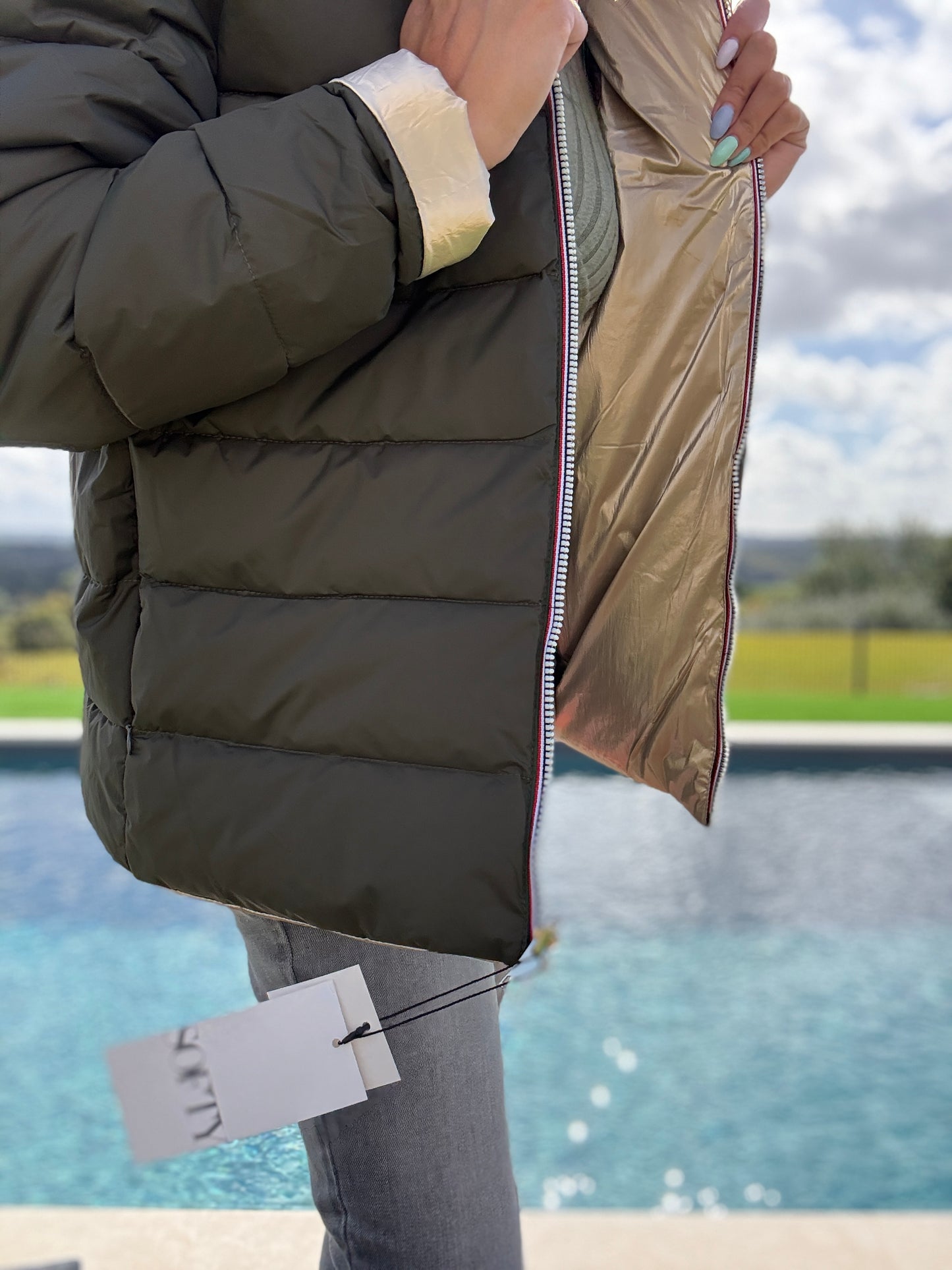 Doudoune manteau imperméable court réversible matelassé kaki doré