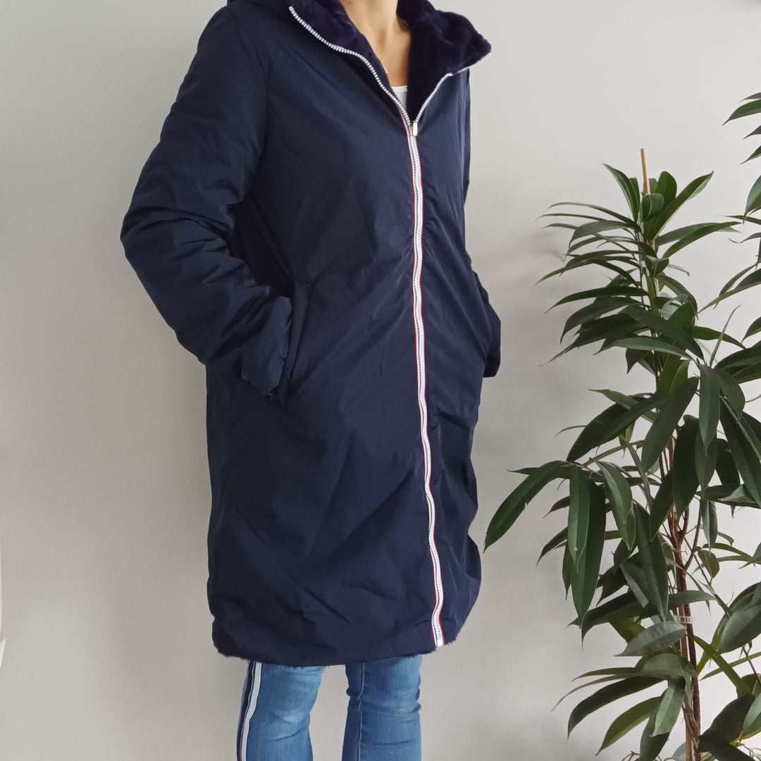 Melya Melody - Manteau long fourré fausse fourrure réversible imperméable bleu marine