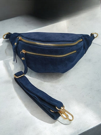 Sac banane croute de cuir velours 2 poches bleu marine