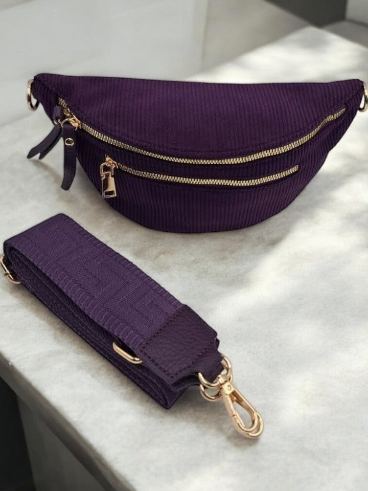 Sac banane velours côtelé 2 poches violet sangle fantaisie