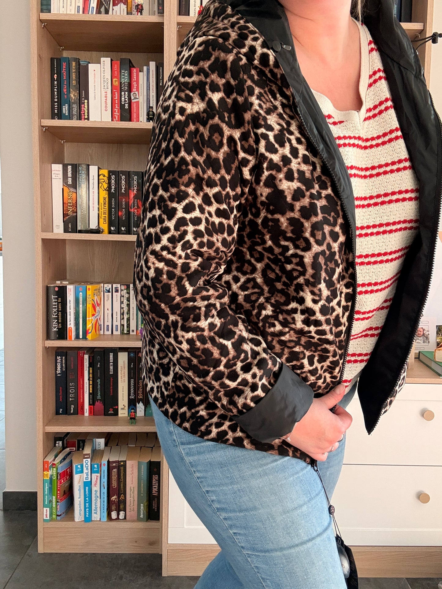 Laura Jo - Imperméable noir réversible léopard court mi-saison garnissage ouate