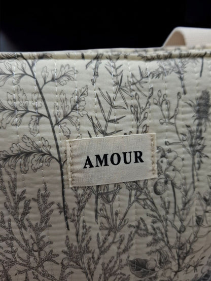 Sac cabas porté épaule blanc en coton liberty fleuri noir et creme
