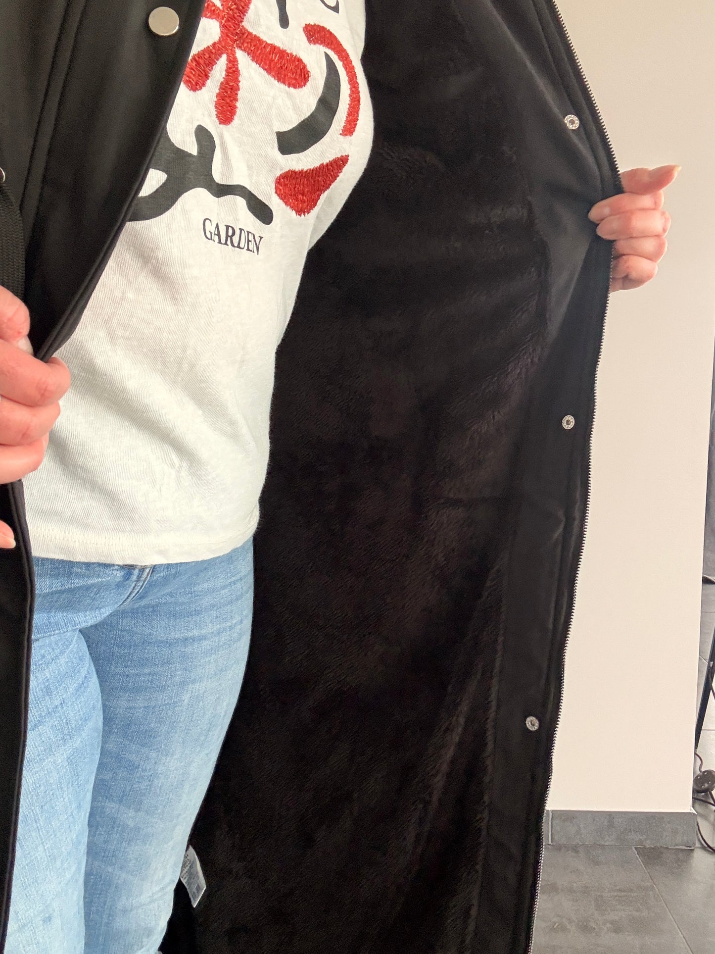 Manteau long imperméable fourré type trench ciré hauteur genoux noir - Curvy