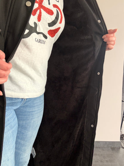 Manteau long imperméable fourré type trench ciré hauteur genoux noir - Curvy