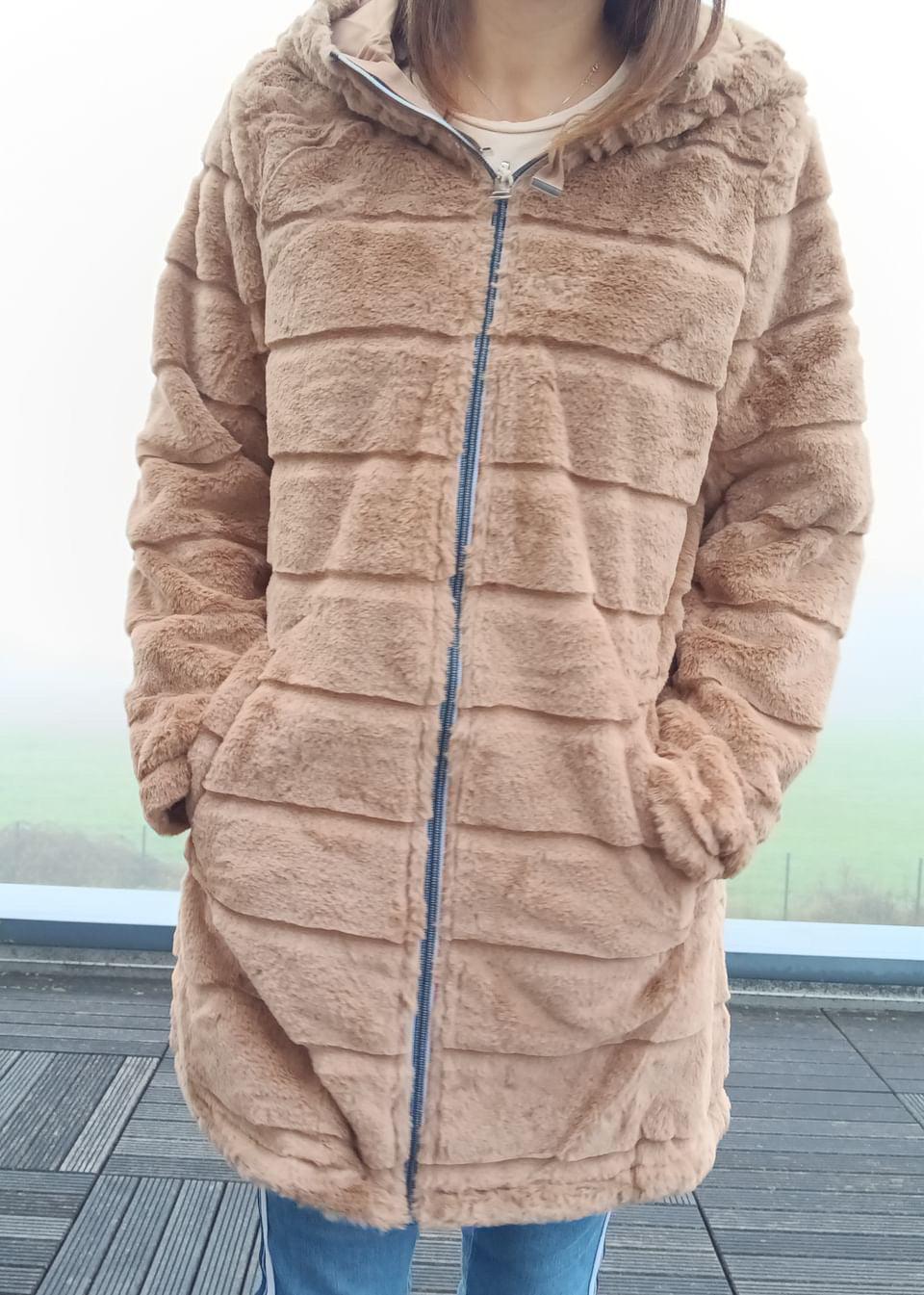 New Lolo - Manteau long CAMEL réversible, imperméable et complètement fourré resserrable à la taille