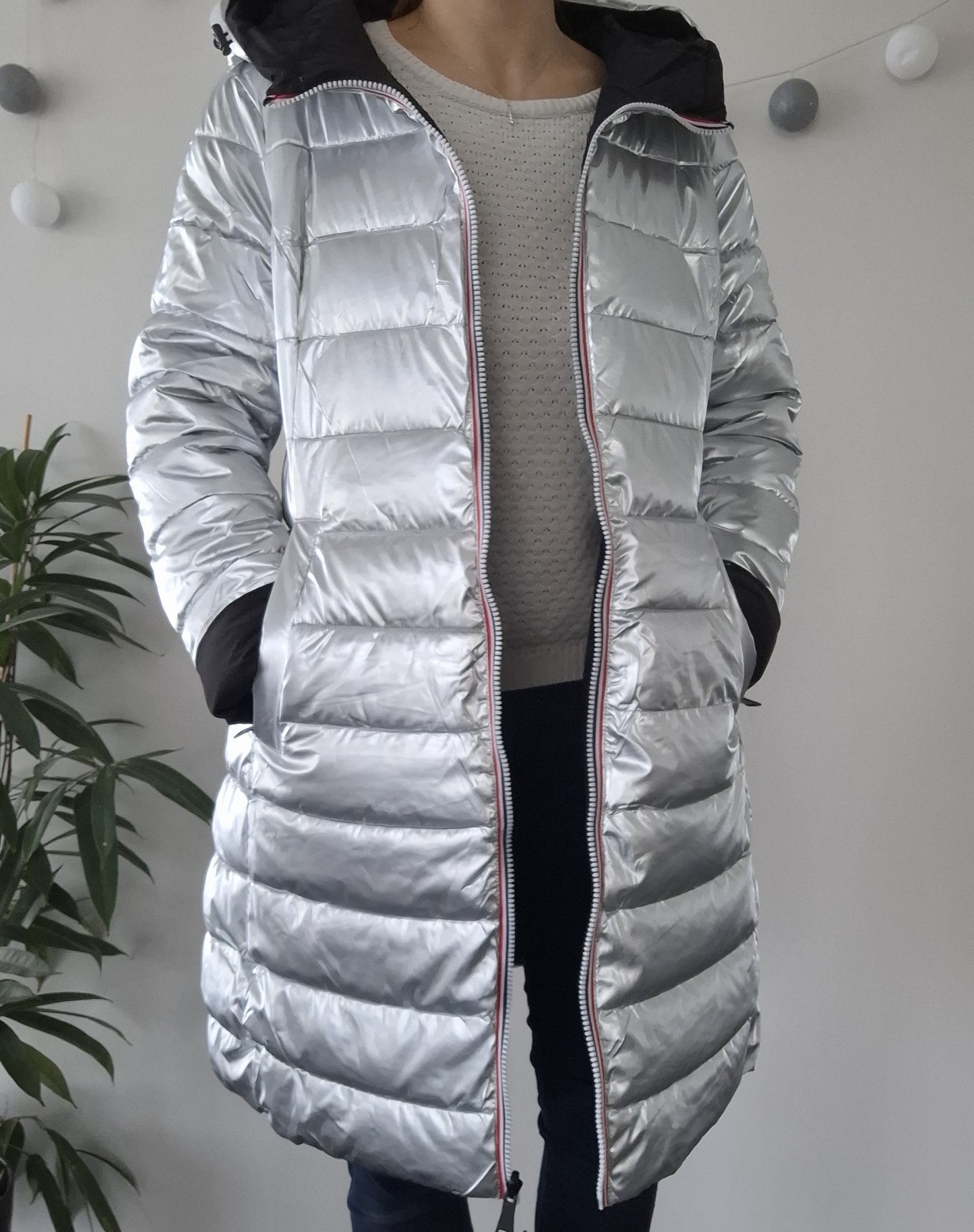 Doudoune manteau imperméable long noir réversible matelassé argenté