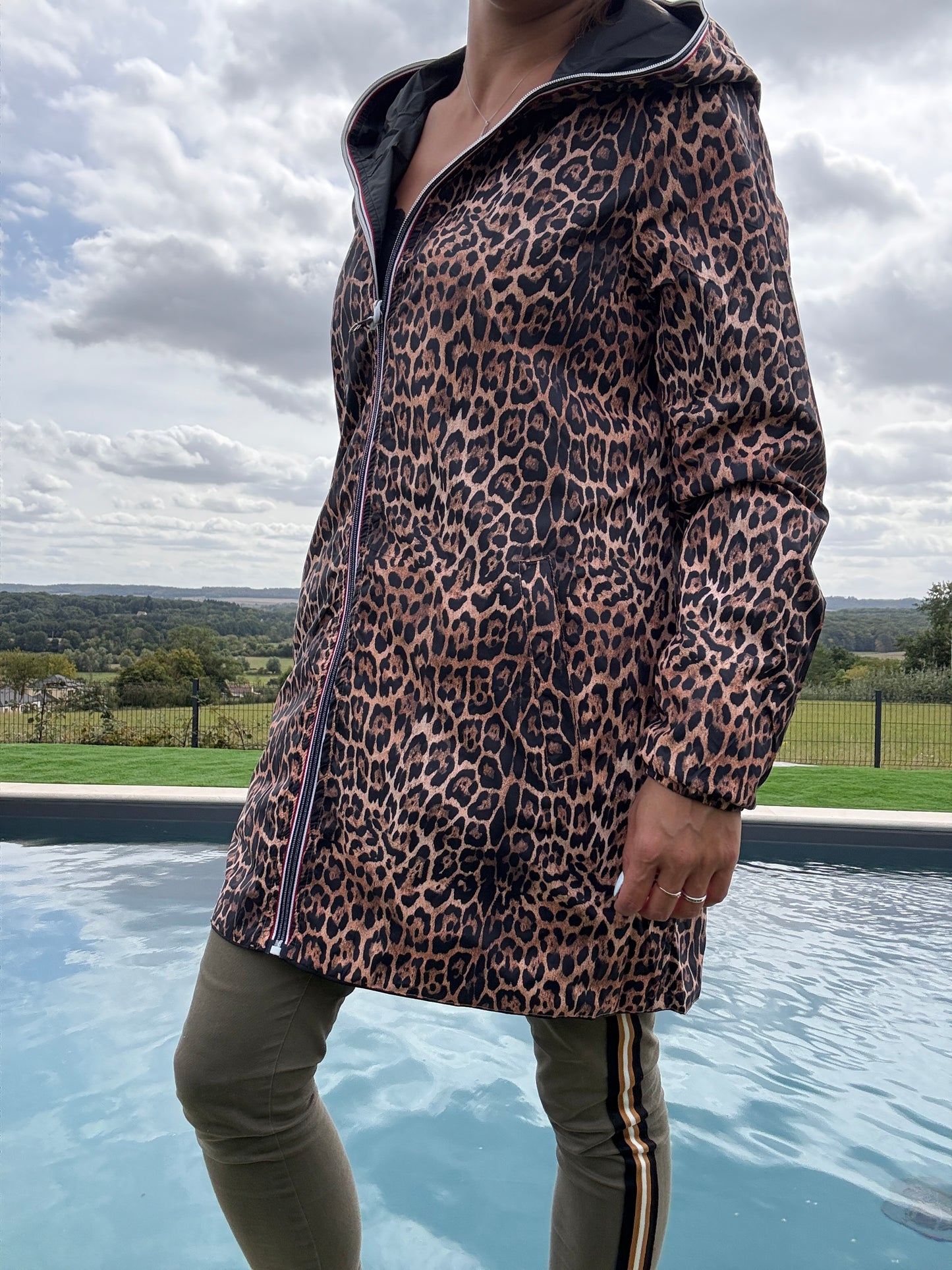 New Lolo - Imperméable réversible long sans garnissage ouate couleur noir/léopard