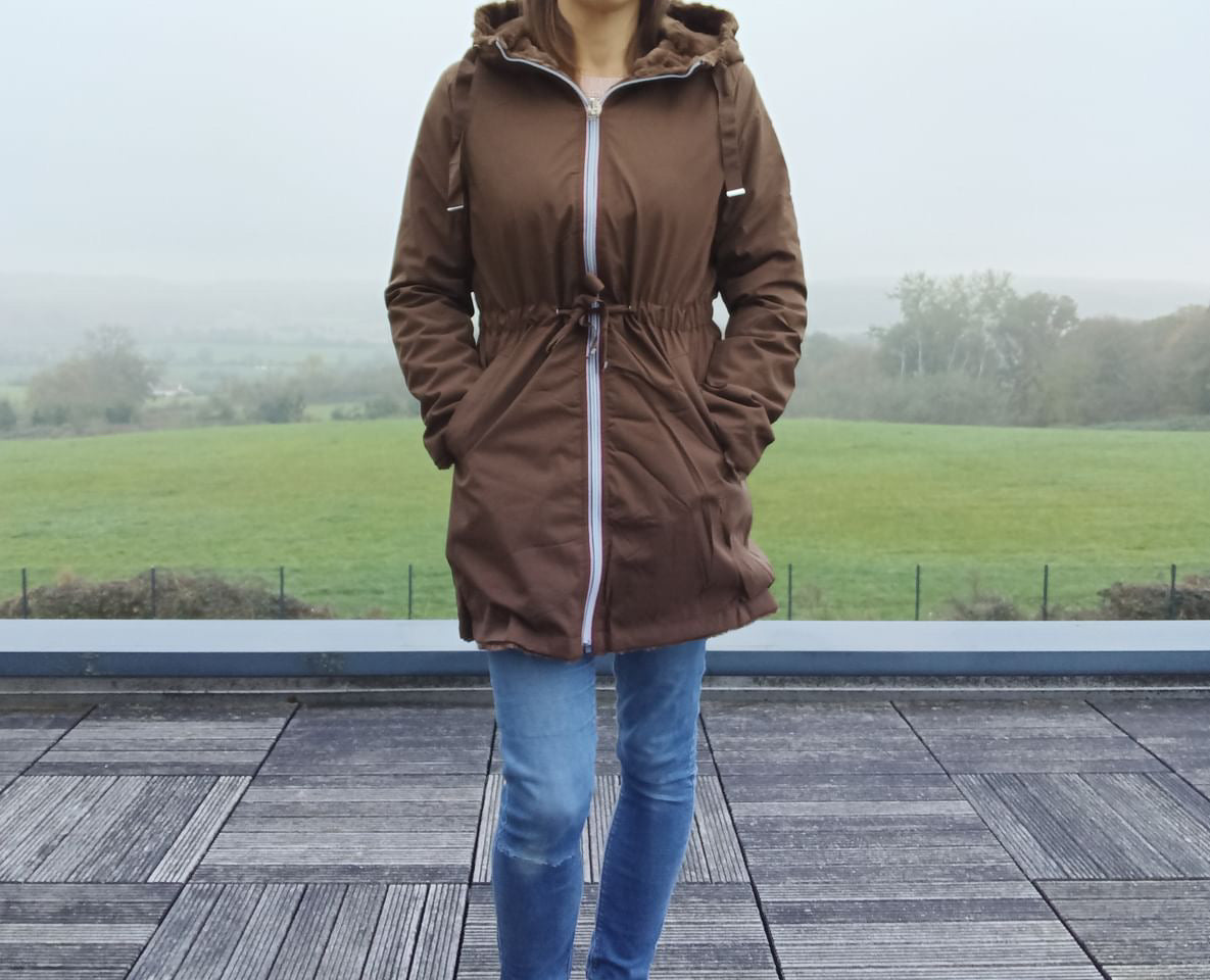 New Lolo - Manteau long MARRON réversible, imperméable et complètement fourré resserrable à la taille