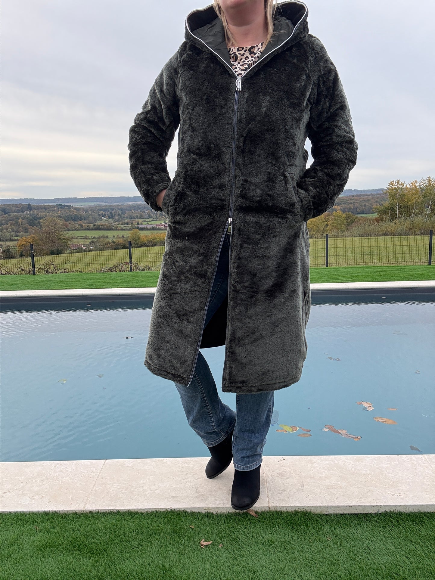 New Lolo - Manteau chaud long hauteur genoux kaki fourré complet réversible imperméable