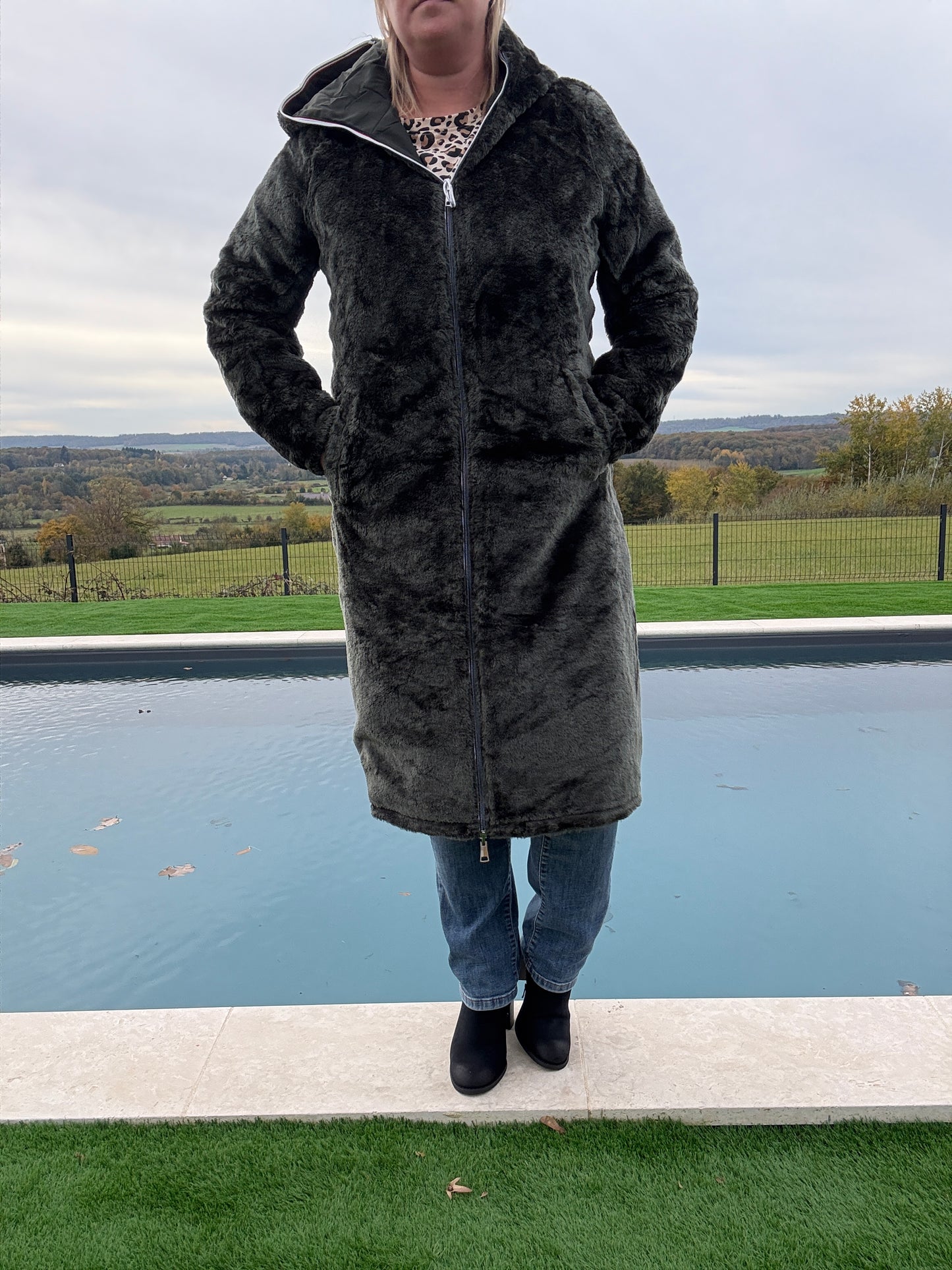 New Lolo - Manteau chaud long hauteur genoux kaki fourré complet réversible imperméable