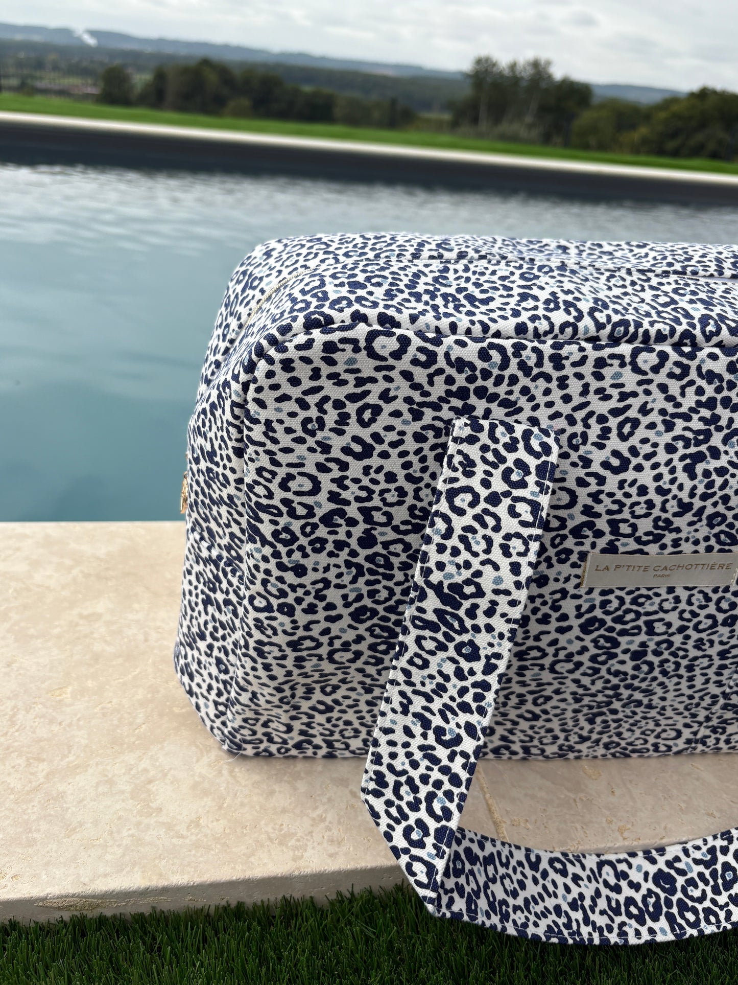 Sac week-end de voyage polochon coton fin léopard bleu marine blanc