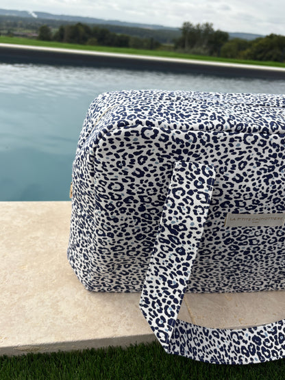 Sac week-end de voyage polochon coton fin léopard bleu marine blanc