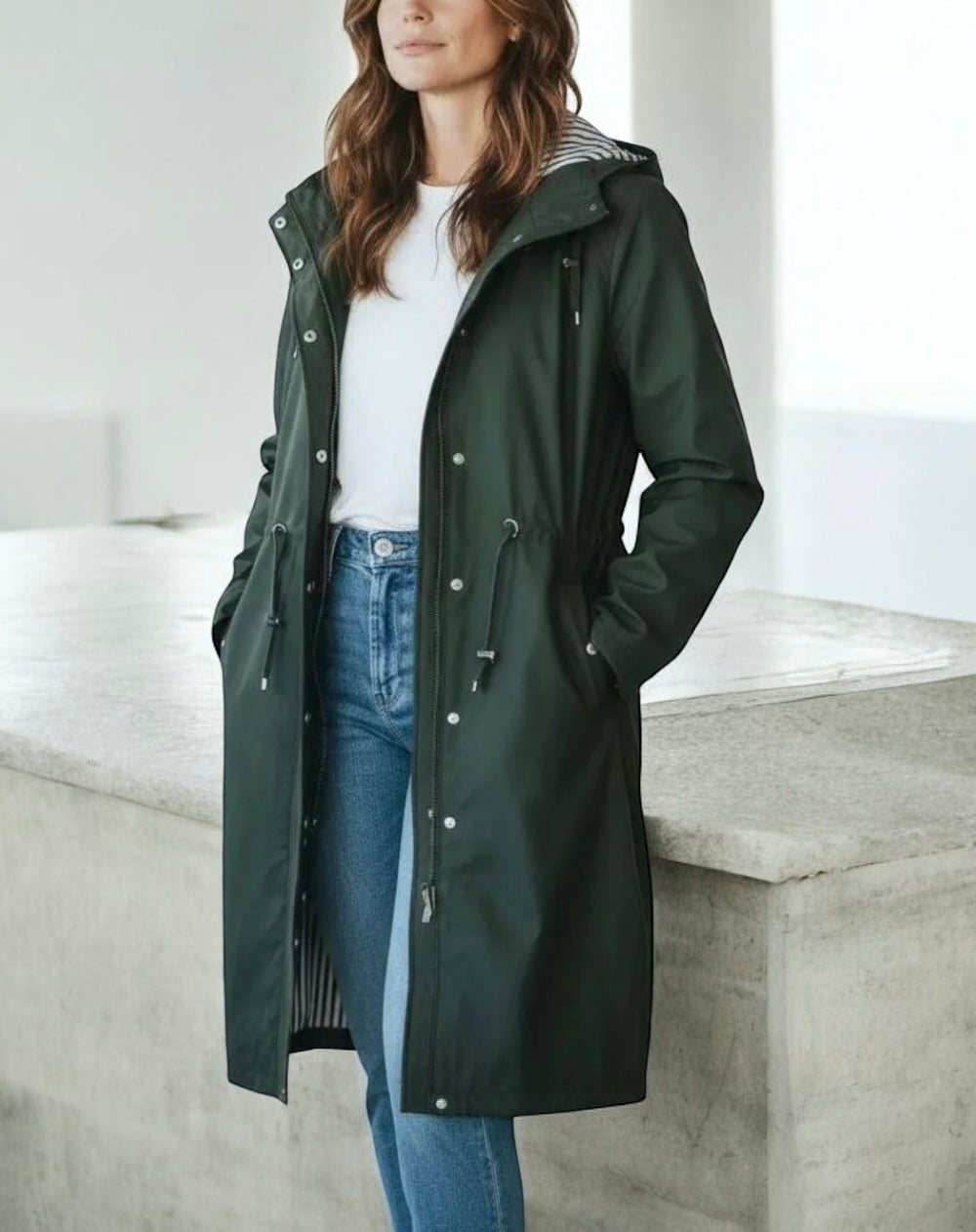 Manteau long type trench ciré hauteur genoux kaki fourré imperméable - Curvy