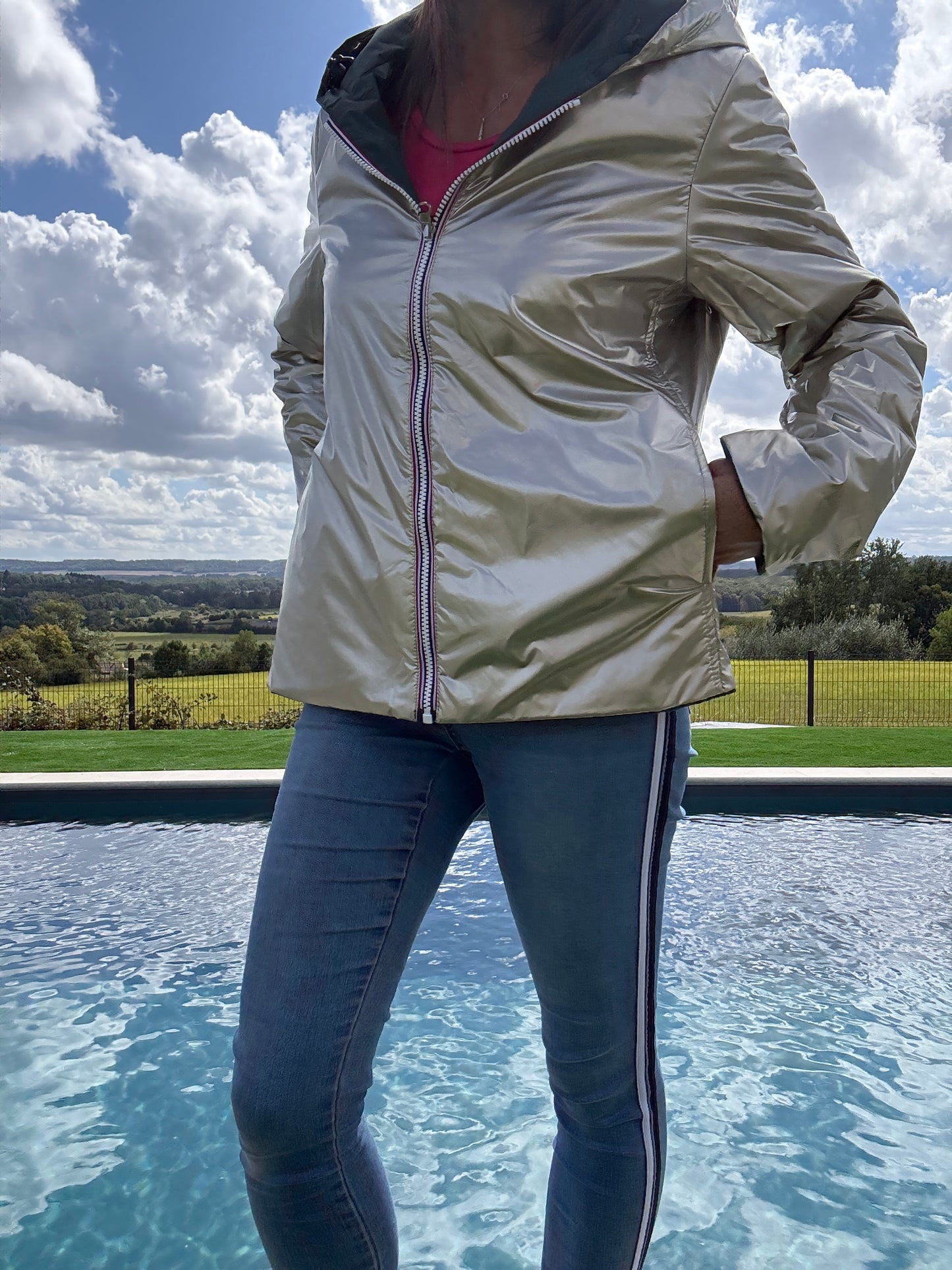 Laura Jo - Imperméable réversible court garnissage ouate mi-saison vert forêt / doré