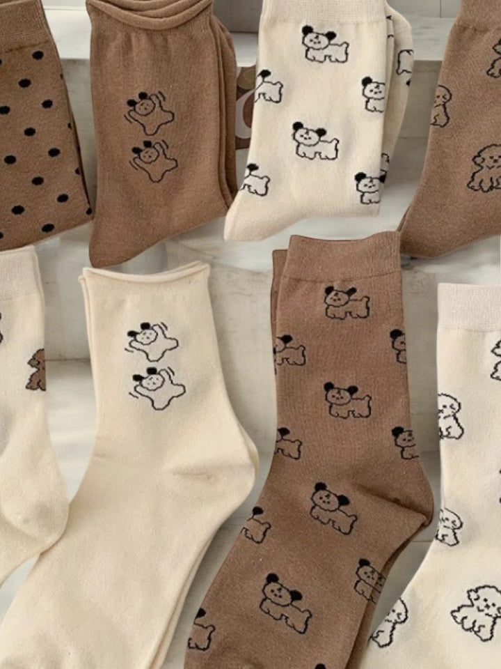 Nouveautés - Chaussettes marrons en coton à motifs pois noirs