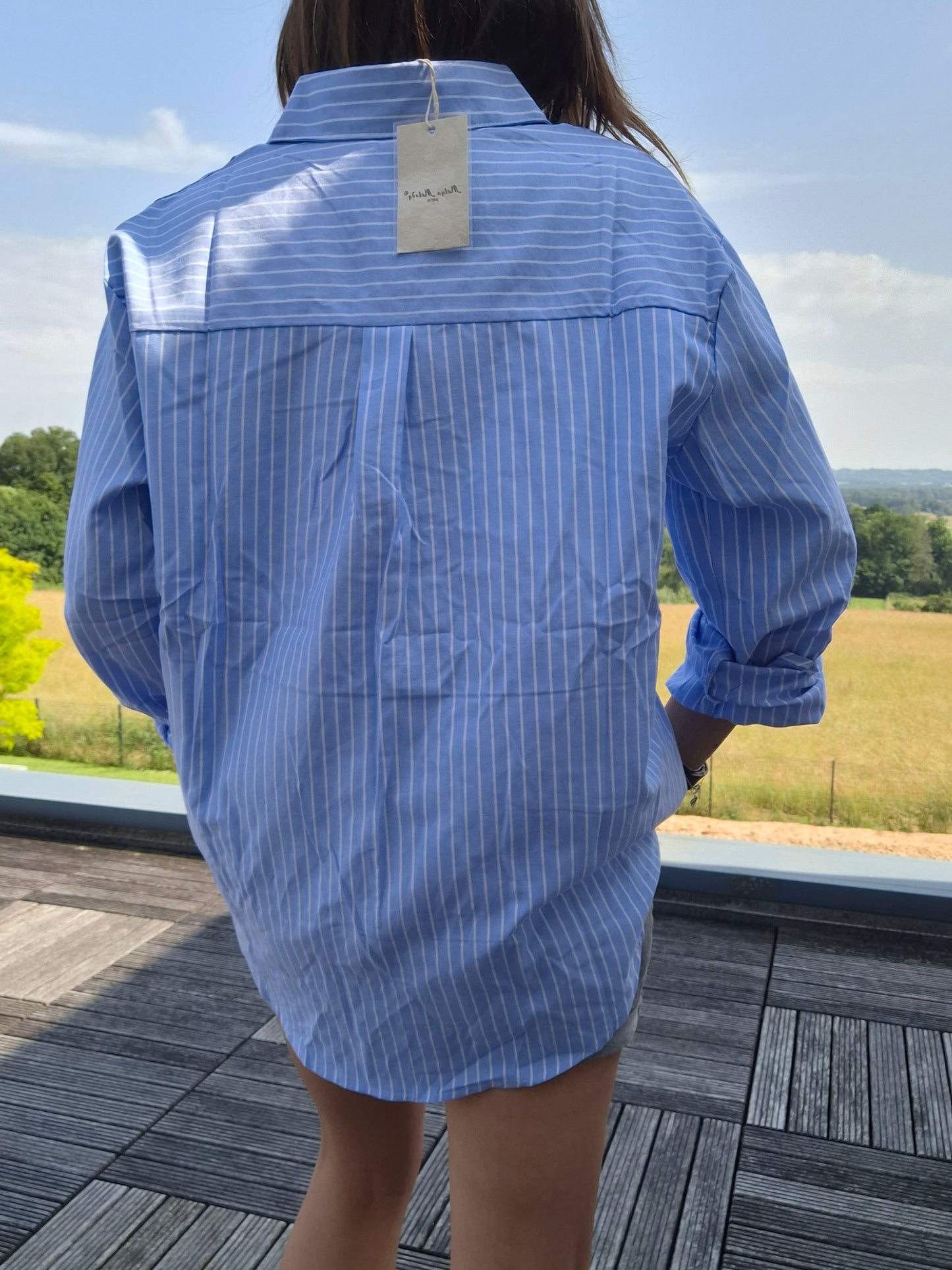 Chemise coton manches longues rayée bleue avec un cœur rouge