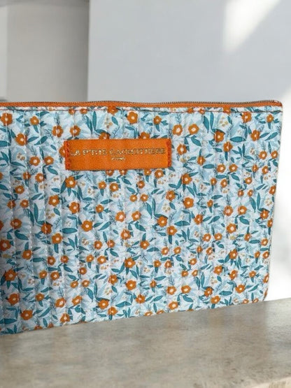 Pochette trousse porte monnaie coton matelassé liberty fleuri orange La Ptite Cachottiere