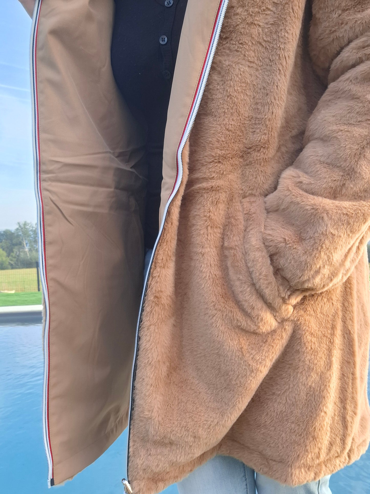 New Lolo - Manteau long camel clair fourré complet réversible imperméable
