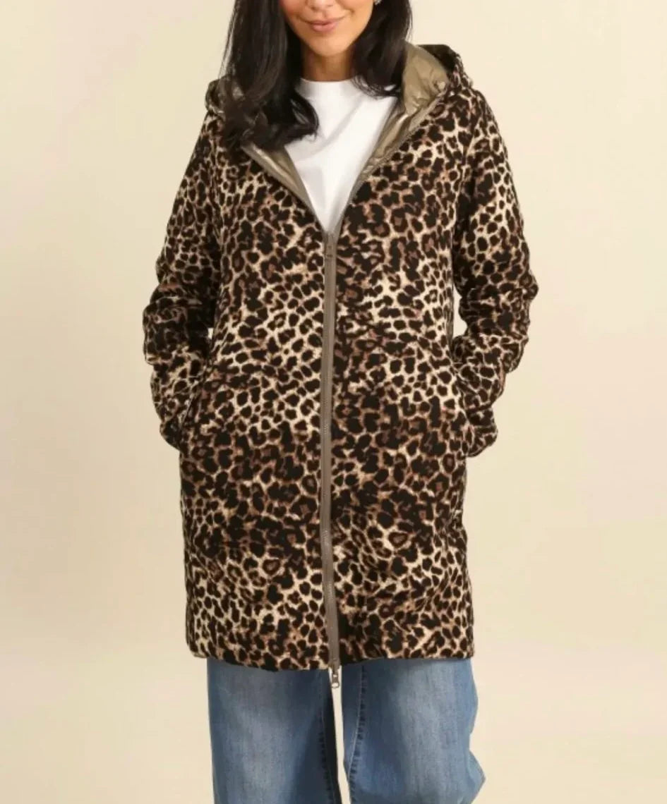 Laura Jo - Imperméable bronze réversible leopard long mi-saison garnissage ouate