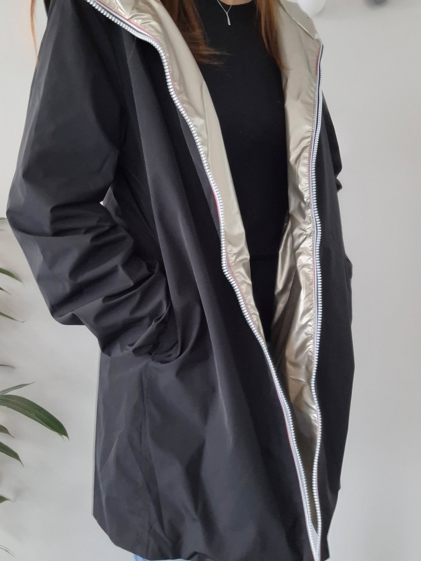 Melya Melody - Manteau léger long réversible imperméable noir doré