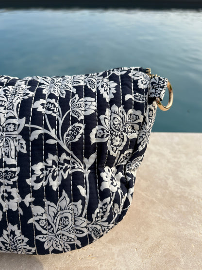Sac banane coton matelassé liberty fleuri toile de jouy bleu marine et blanc