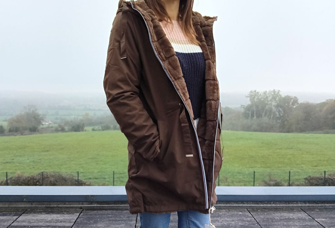 New Lolo - Manteau long MARRON réversible, imperméable et complètement fourré resserrable à la taille