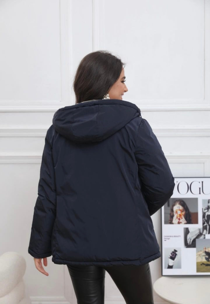 Melya Melody - Manteau court réversible et imperméable matelassé bleu marine/doré