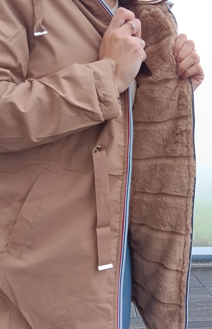 New Lolo - Manteau long CAMEL réversible, imperméable et complètement fourré resserrable à la taille