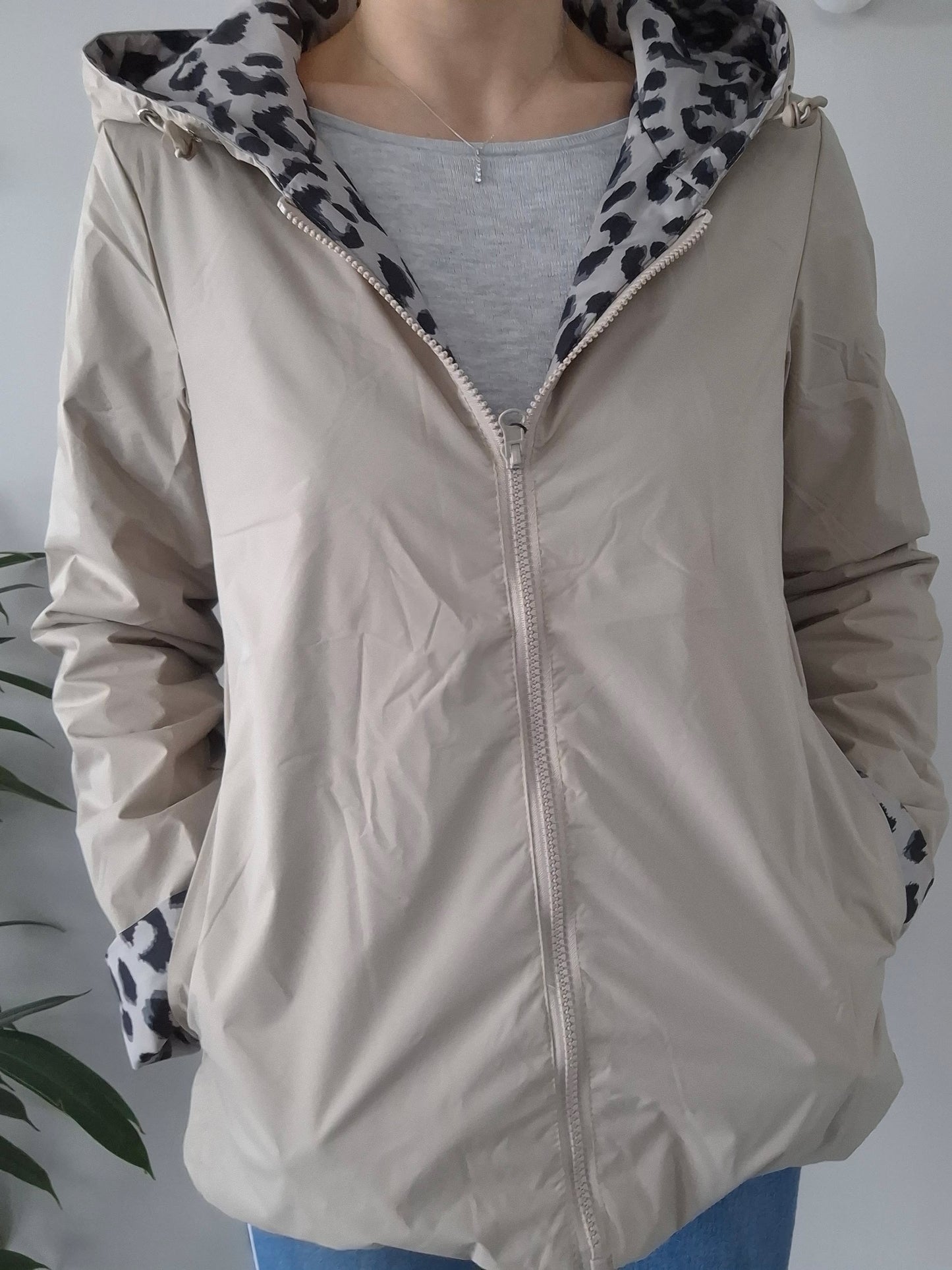 Laura Jo - Manteau Imperméable beige réversible motif léopard court garnissage ouate mi-saison