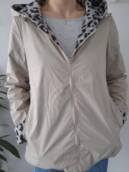 Laura Jo - Manteau Imperméable beige réversible motif léopard court garnissage ouate mi-saison