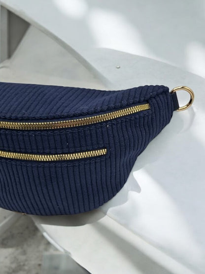 Sac banane velours côtelé 2 poches bleu marine sangle fantaisie