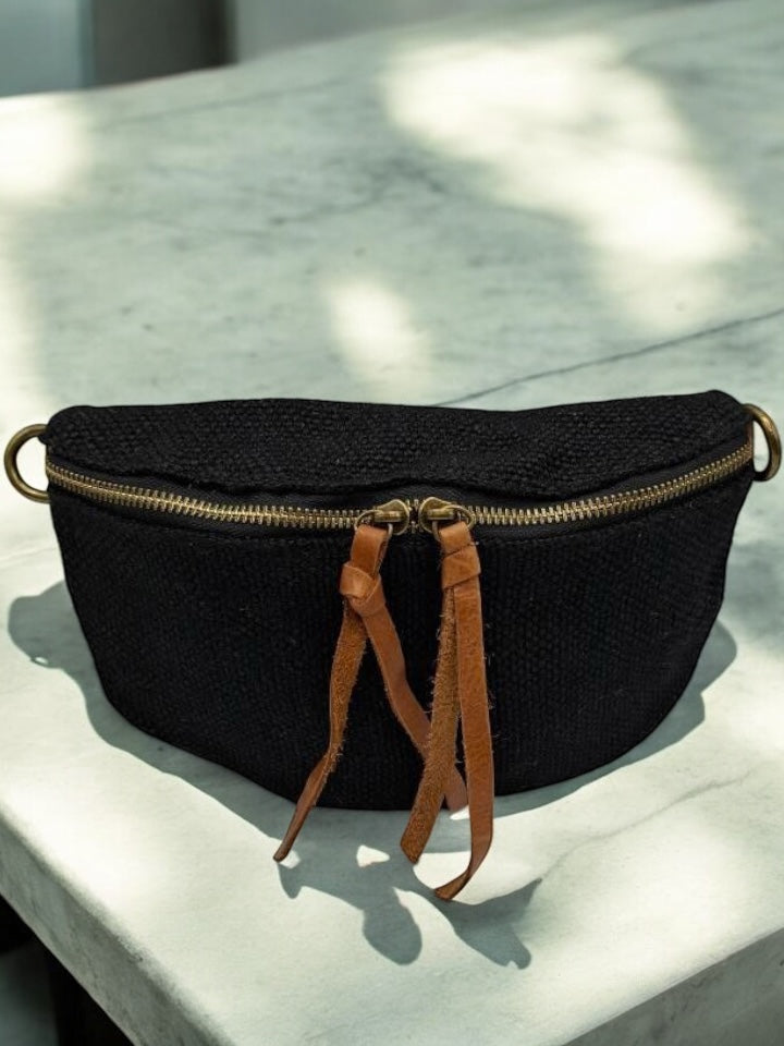 Nouveautés - Sac banane en jute noir 1 poche doubles curseurs