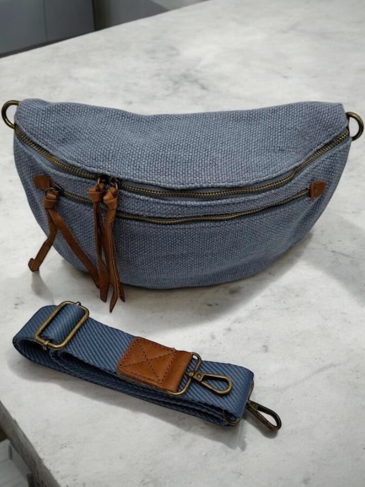 Sac banane en jute bleu clair 2 poches doubles curseurs