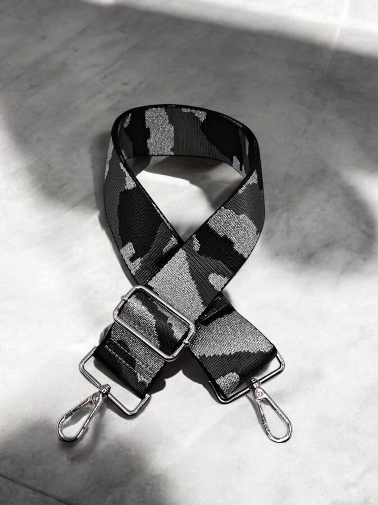 Bandoulière sangle large tacheté militaire noir et gris