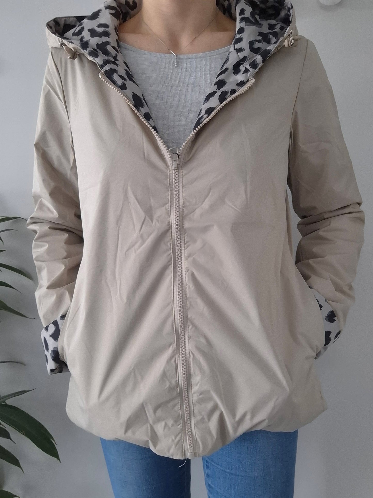 Laura Jo - Manteau Imperméable beige réversible motif léopard court garnissage ouate mi-saison