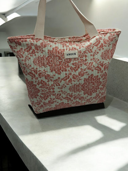 Sac cabas porté épaule en coton liberty fleuri corail crème
